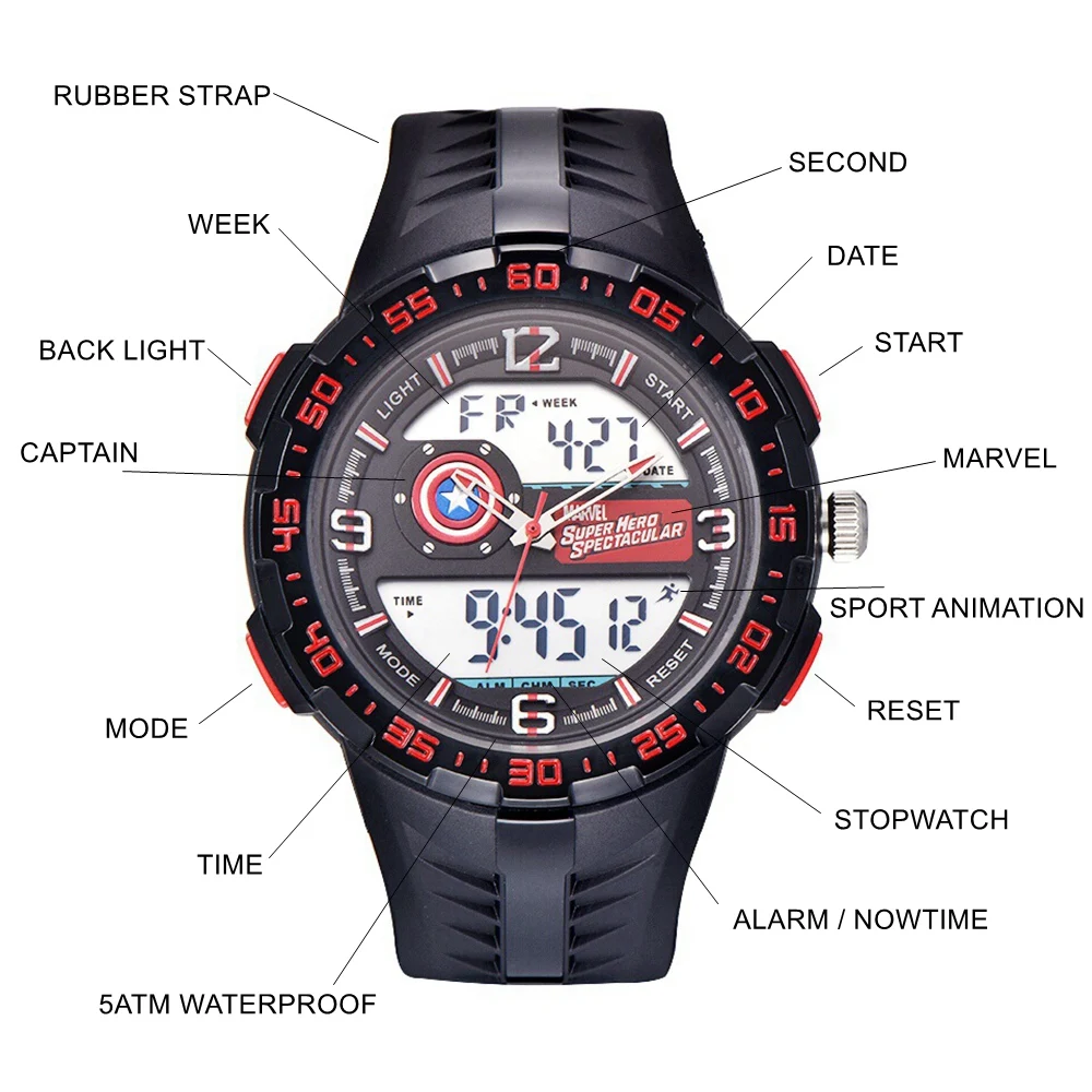 Marvel Avengers Captain America Supper Hero Teen Sport Multifunctional 5Bar Waterproof Watches Rubber LED Luminous Disney Clocks
Marvel Avengers Captain America Supper Hero Teen Sport Multifunctional 5Bar Waterproof Watches Rubber LED Luminous Disney Clocks