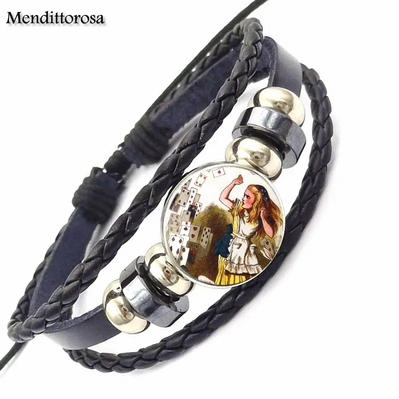 EJ Glaze For Women Girls Handmade Steampunk Alice Cheap Fashion Jewelry Black Leather Bracelet Bangle Glass Cabochon | Украшения и