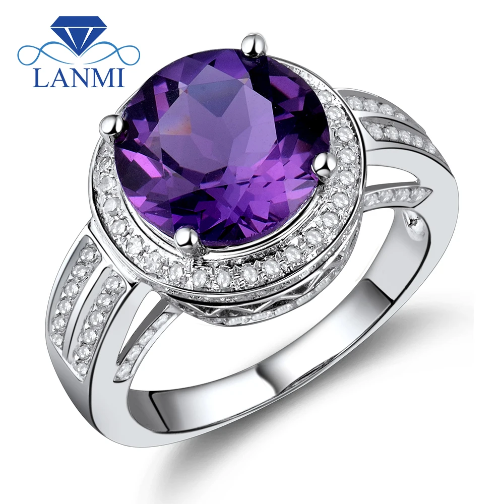 

LANMI Amethyst Rings Vintage Style Round 10mm Pure 14Kt White Gold Natural Amethyst Ring For Women Birthday Gifts