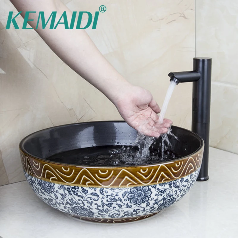 

KEMAIDI Sensor Faucet Round Paint Golden Bowl Sinks / Vessel Basins Washbasin Ceramic Basin Sink & Faucet Tap Set 460189026