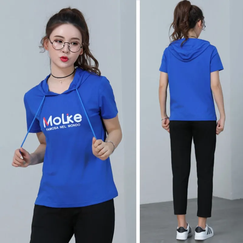 Women's Sports T-shirt Summer 2019 New Fashion Printing Letter Hooded Short-sleeve Loose Tops Tees Cotton Pullovers Female
Women's Sports T-shirt Summer 2019 New Fashion Printing Letter Hooded Short-sleeve Loose Tops Tees Cotton Pullovers Female