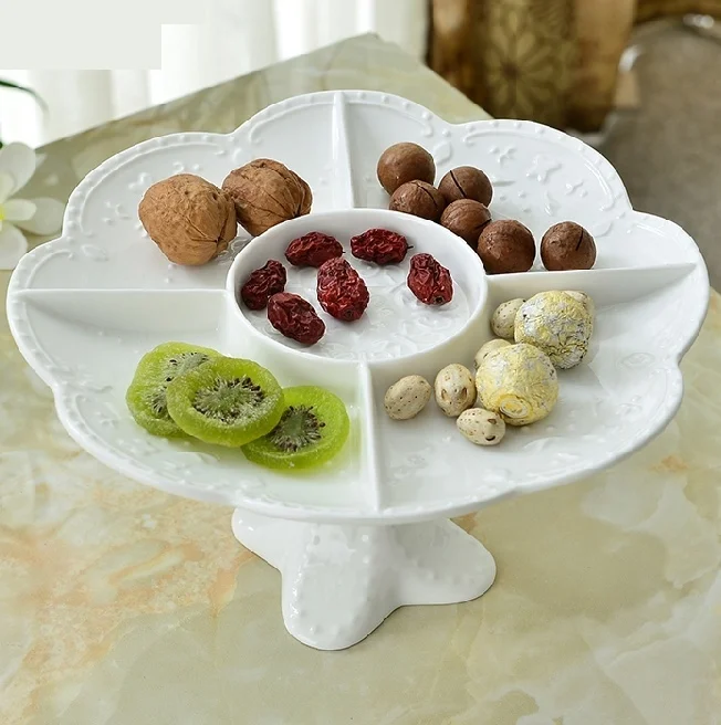 

Embossed Ceramics Cake Compote Tray Ornamental Porcelain Dessert Assorted Plate Decor Dinnerware for Fruits, Cookies and Candy