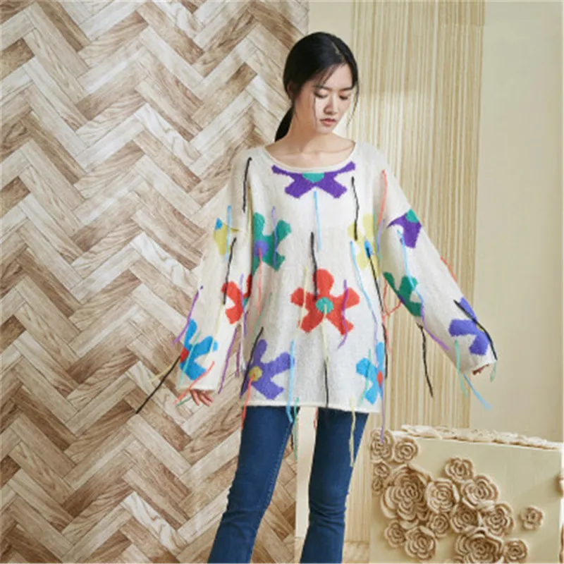 100% hand made wool thin knit women tassel Oneck contrast color floral H-straight pullover sweater one&over size
100% hand made wool thin knit women tassel Oneck contrast color floral H-straight pullover sweater one&over size