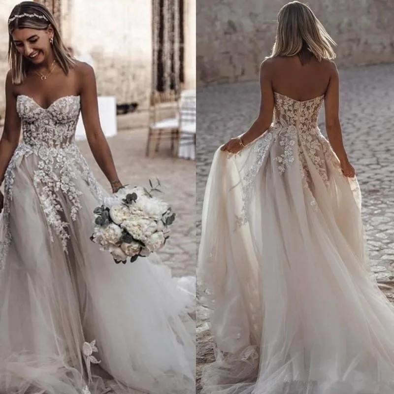 Backless Vestido De Noiva Muslim Wedding Dresses A-line Sweetheart Tulle Appliques Lace Boho Wedding Gown Bridal Dress
Backless Vestido De Noiva Muslim Wedding Dresses A-line Sweetheart Tulle Appliques Lace Boho Wedding Gown Bridal Dress