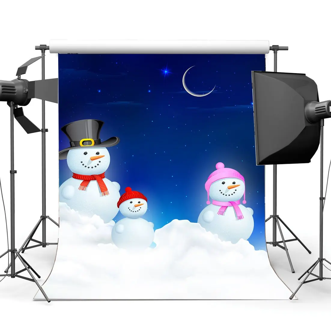 Фотофон Рождество снеговик мультфильм тяжелый снег боке галоши сияющая Луна