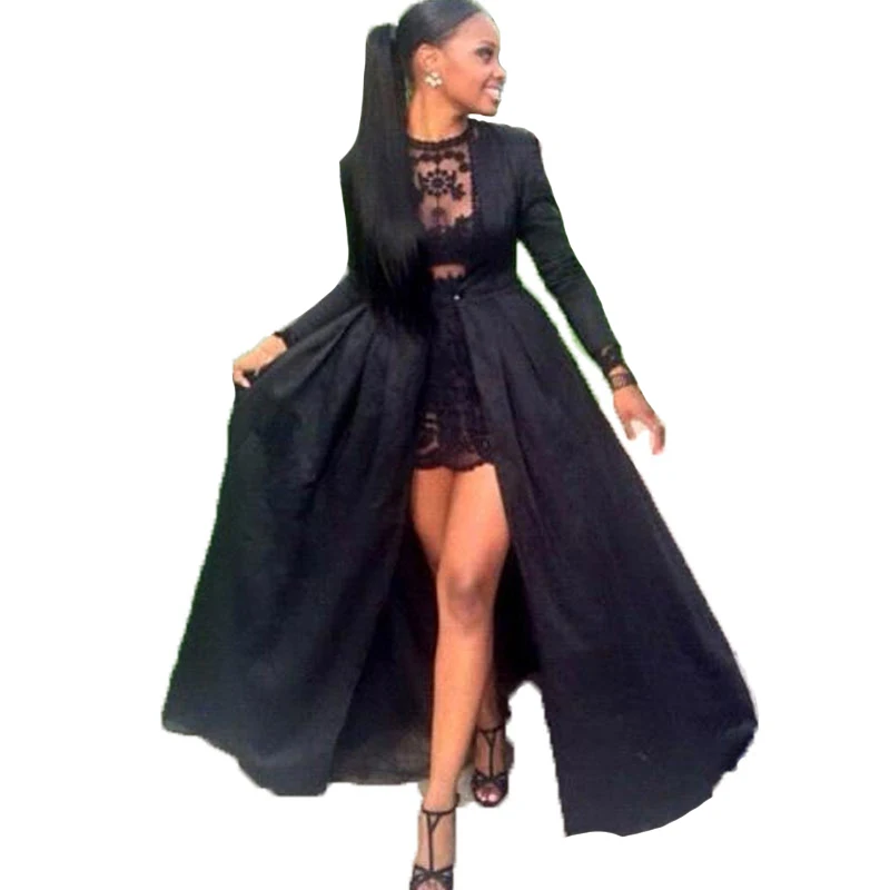 Sexy Two Piece See Through Black Lace Short Prom Dresses Long Sleeve Detachable Coat Floor Length Evening Pageant dresses
Sexy Two Piece See Through Black Lace Short Prom Dresses Long Sleeve Detachable Coat Floor Length Evening Pageant dresses