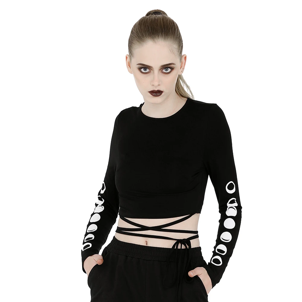 New Punk Women Lace-up Waist Black Tops Sexy Long Sleeve With Printed Dew Belly Tops Spring and Fall Clothes
New Punk Women Lace-up Waist Black Tops Sexy Long Sleeve With Printed Dew Belly Tops Spring and Fall Clothes