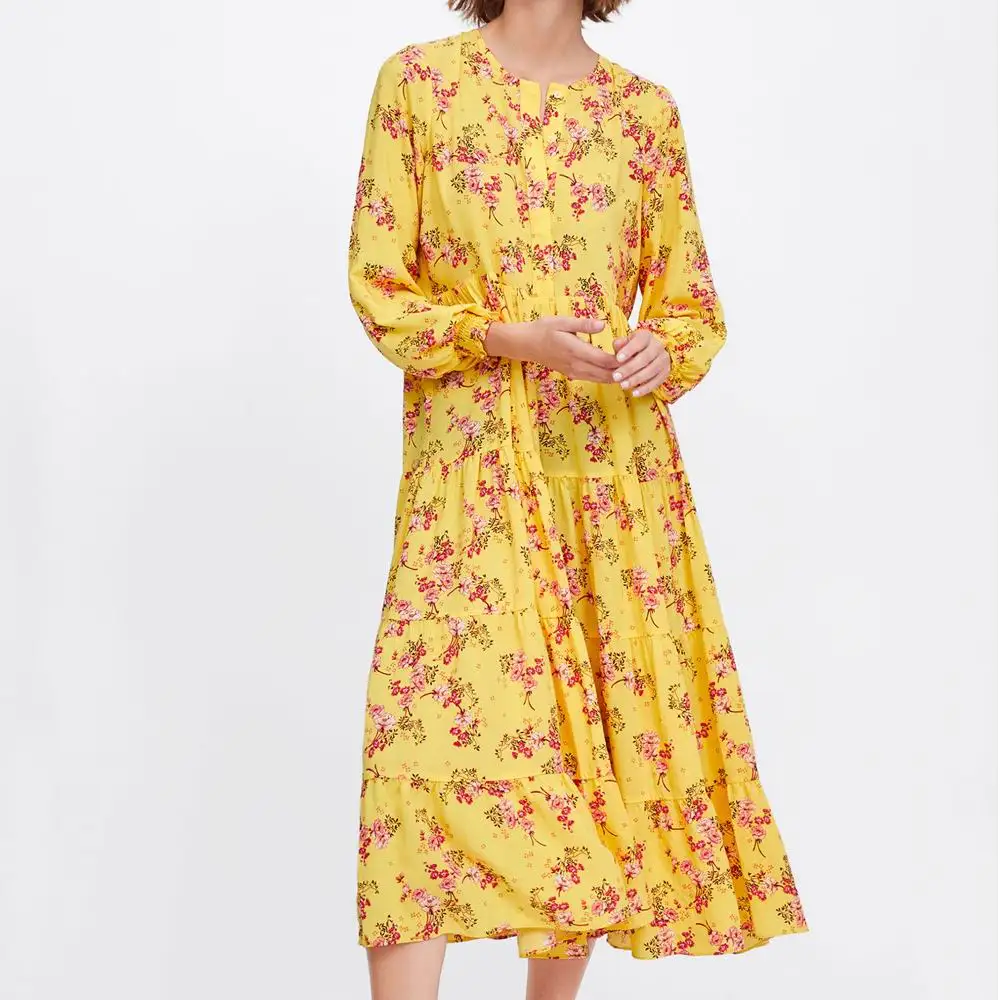 Фото 2019 za Летняя женская одежда платья с принтом плиссированные длинным рукавом Макси