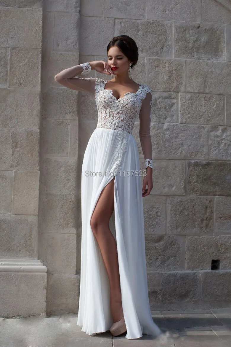 2016 Vestido De Noiva Sweetheart Longl Sleeve Appliques Front Split Chiffon Lace Wedding Dresses Brides Dress For Weddings | Свадьбы и