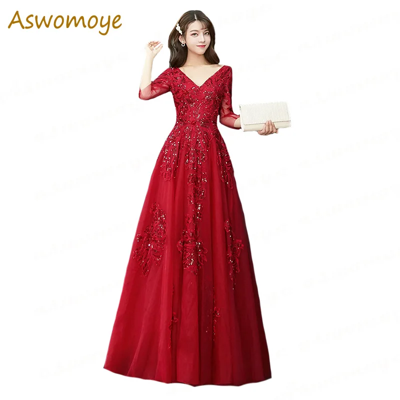 2019 New Spring Fashion Evening Dress Half Sleeve Wine Red Long Prom Party Dress Sexy V-neck Backless Appliques Formal Dresses
2019 New Spring Fashion Evening Dress Half Sleeve Wine Red Long Prom Party Dress Sexy V-neck Backless Appliques Formal Dresses