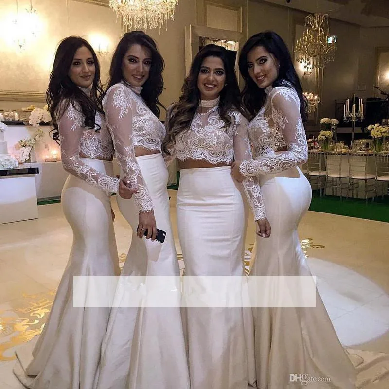 Two Pieces Cheap Bridesmaid Dresses Under 50 Mermaid High Collar Long Sleeves Lace Long Wedding Party Dresses For Women
Two Pieces Cheap Bridesmaid Dresses Under 50 Mermaid High Collar Long Sleeves Lace Long Wedding Party Dresses For Women