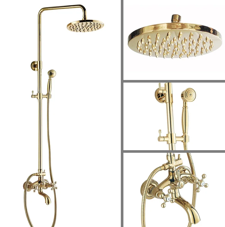 Luxury Polished Gold Color Brass Dual Cross Handles Bathroom Round Rain Shower Faucet Set Bath Tub Mixer Tap Wall Mounted mgf442
Luxury Polished Gold Color Brass Dual Cross Handles Bathroom Round Rain Shower Faucet Set Bath Tub Mixer Tap Wall Mounted mgf442