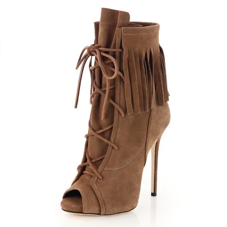 Fashion Brown Suede Women Autumn Boots Peep Toe Lace-up Fringe Tight High Heels Ladies Boots Cut-out Tassel Women Ankle Boots
Fashion Brown Suede Women Autumn Boots Peep Toe Lace-up Fringe Tight High Heels Ladies Boots Cut-out Tassel Women Ankle Boots