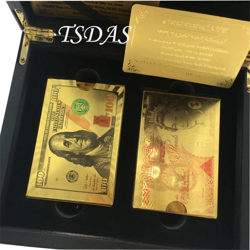 USD 100 + 50 Pounds Pattern Colorful 24k Gold Foil Playing Cards 2 Deck Pure With Wooden Box Free Shipping
USD 100 + 50 Pounds Pattern Colorful 24k Gold Foil Playing Cards 2 Deck Pure With Wooden Box Free Shipping