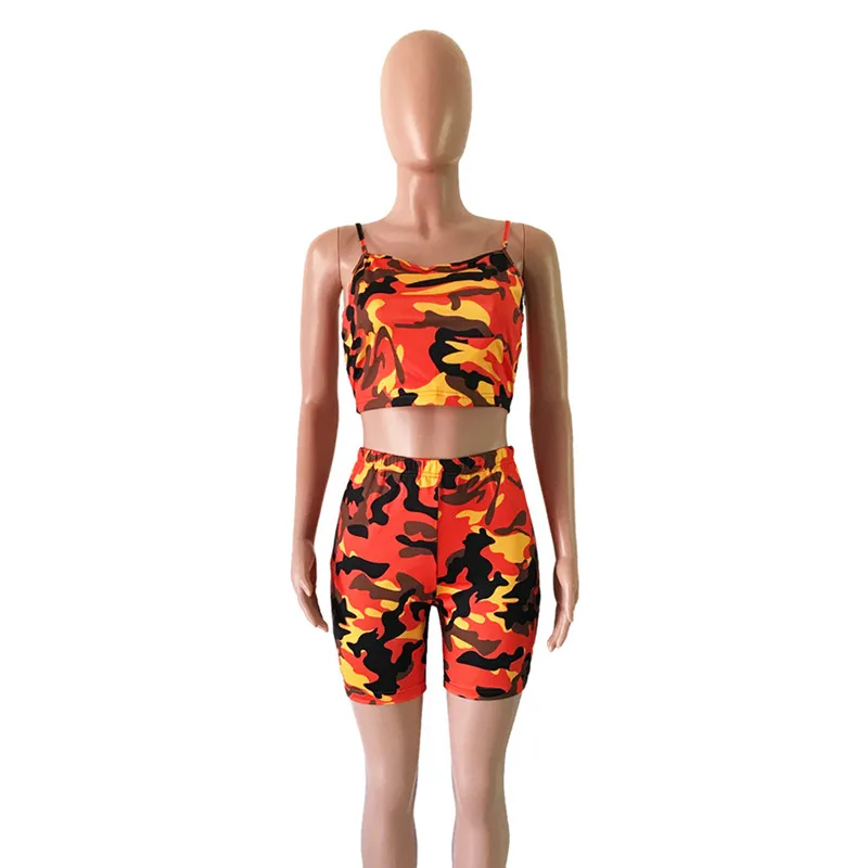 Orange/Blue Camouflage Printed Fashion Women Pants Set Sexy Cami Crop Tops Elastic Waist Fitted Shorts Two Pieces Suit Wholesale | Женская