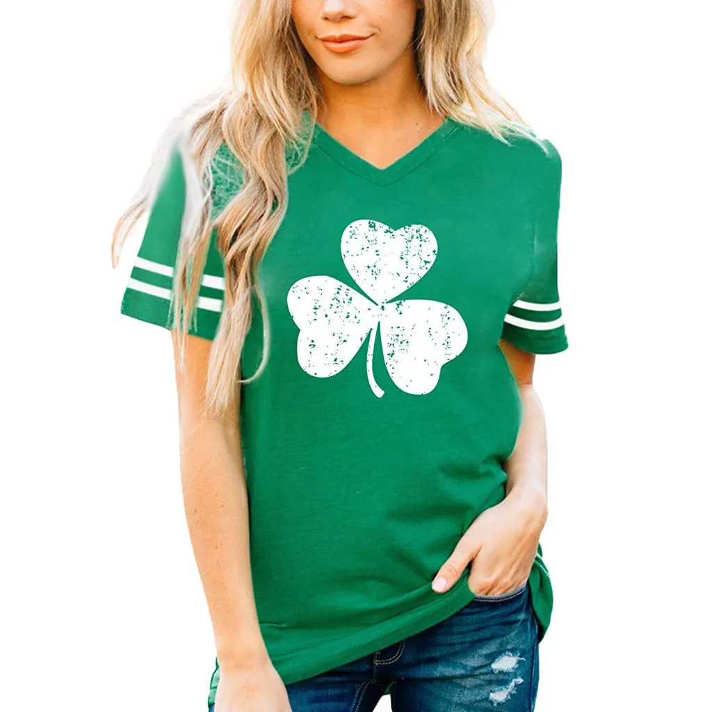 Фото Женская зеленая футболка с v образным вырезом St. Patrick's Day в полоску коротким(Aliexpress на русском)