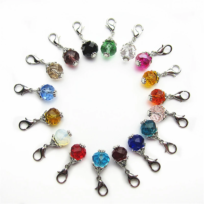 

36pcs Mix 18 colors Birthstone Crystal Dangle Charms Diy Bracelets Jewelry Accessory Floating 10mm beads Lobster Clasp Charms