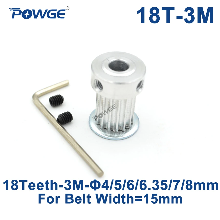 

POWGE 18 Teeth 3M Timing Pulley Bore 4/5/6/6.35/7/8mm for Width 15mm HTD 3M Synchronous belt HTD3M pulley Gear wheel 18T 18Teeth