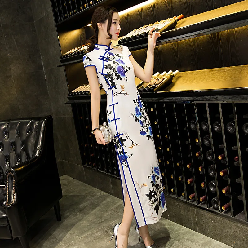2018 Новый китайский стиль Элегантный цветочный принт Cheongsam платье Qipao |