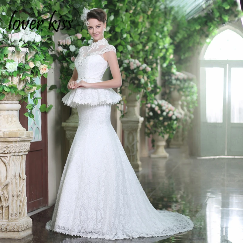 Lover Kiss Vestido De Noiva High Neck Beaded Cap Sleeve Wedding Dresses Beach Lace Dubai Kaftan Bridal Gown robe de mariee 2021 | Свадьбы и