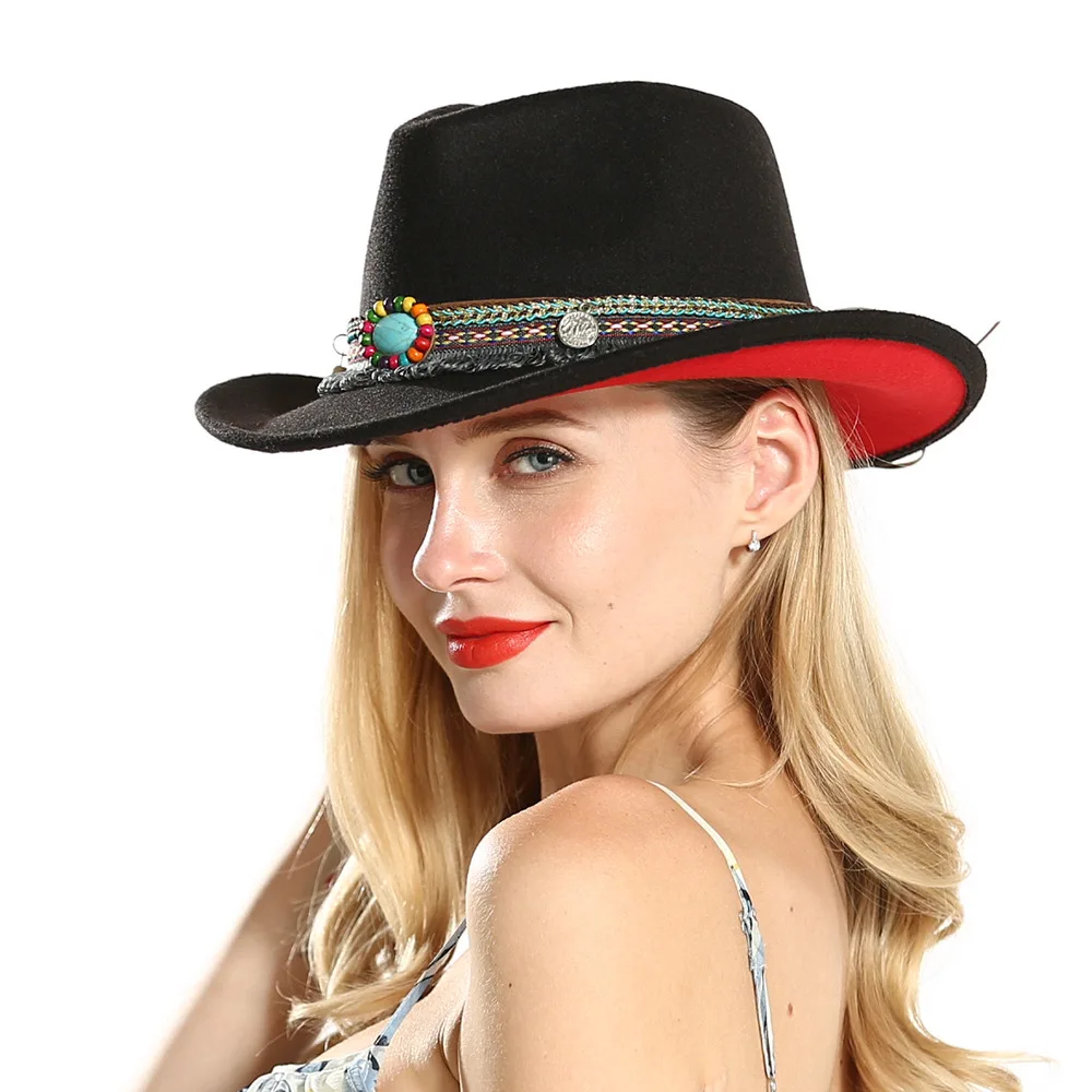 2019 Imitation Woolen Women Ladies Fedoras Top red and black splice Jazz Hat European American Characteristic Western cap
2019 Imitation Woolen Women Ladies Fedoras Top red and black splice Jazz Hat European American Characteristic Western cap