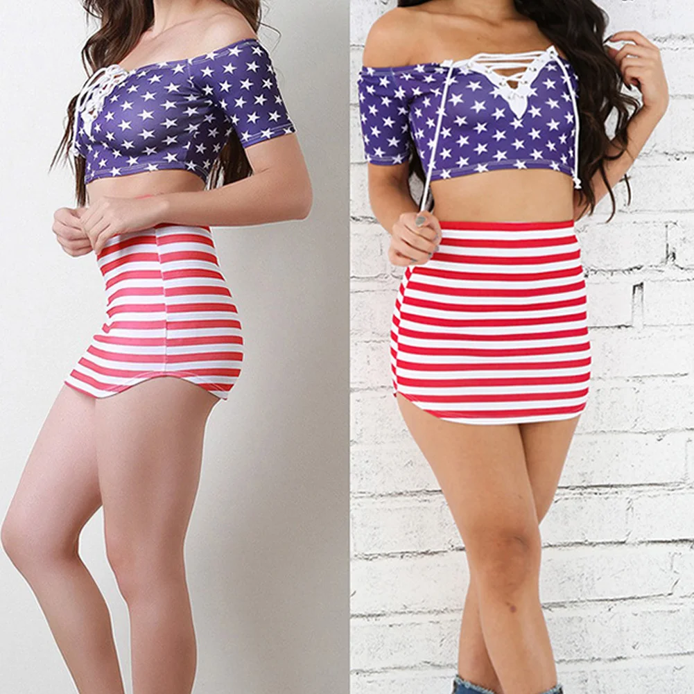 Women 2 Piece American Flag Off Shoulder Crop Top+Skirt Set Dress Party Clubwear | Женская одежда