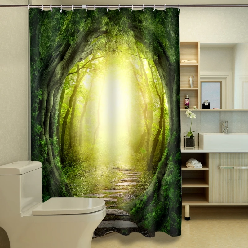 Фото Водопад с зеленым лесом 3d занавеска для душа водонепроницаемая ванной