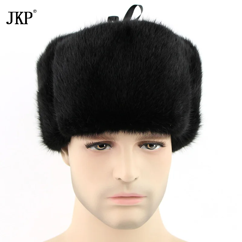 Men's Snow Hats Mink Fur Authentic Skullies Winter Russian Ushanka Solid Hat Whole Leather Outdoor Helmets ZD-05 | Аксессуары для