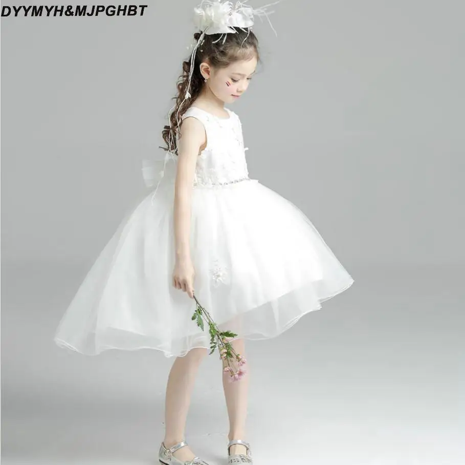 Hi Lo White Flower Girl Dresses Ball Gown Skirt Crystal Sash Lace Top Organza Asymmetrical Girls Pageant Dress | Свадьбы и торжества