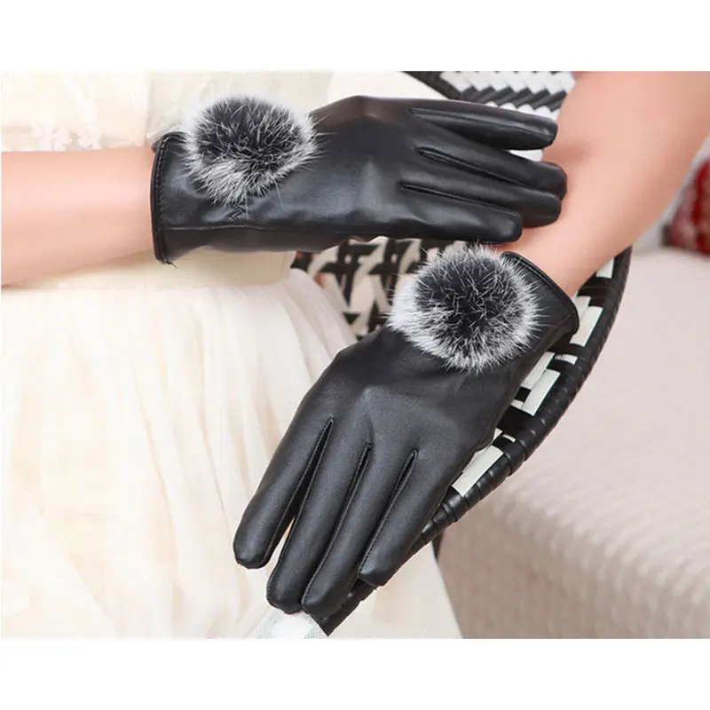 

Newly 1Pair New Winter Soft Mittens Warm PU Leather Rabbit Fur Balls Female Gloves Touches Screen Women Gloves m99