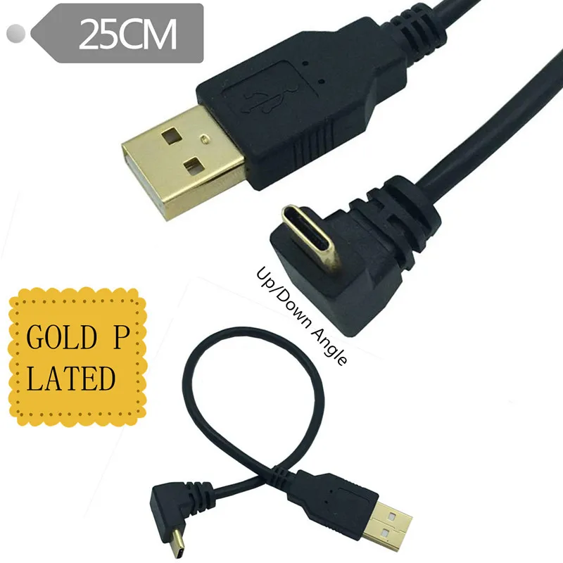 

Up & Down Angled 90 Degree Gold-plated USB3.1 type-c USB Male to USB male Data Charge connector Cable 25cm for Tablet phone