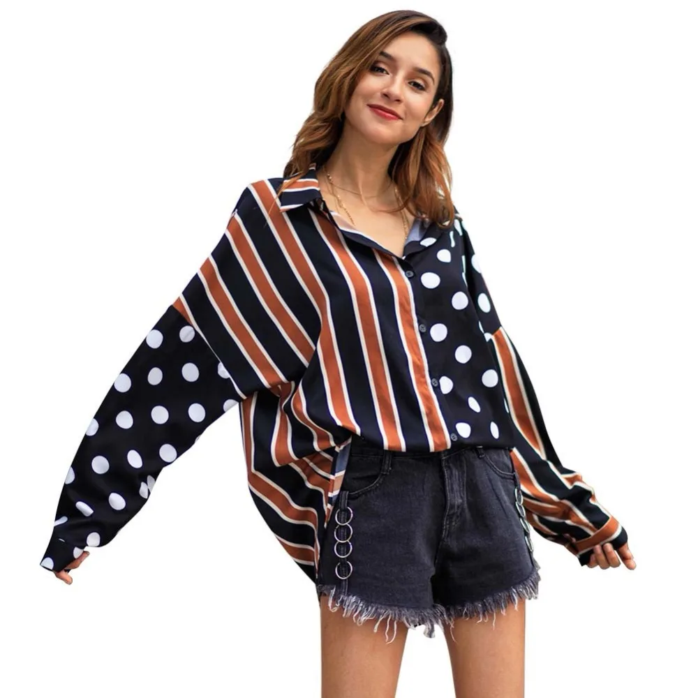 Women Dot Print Long Oversized Blouses stripe Spliced Long Sleeve turn down collar shirts female vintage loose tops blusas
Women Dot Print Long Oversized Blouses stripe Spliced Long Sleeve turn down collar shirts female vintage loose tops blusas