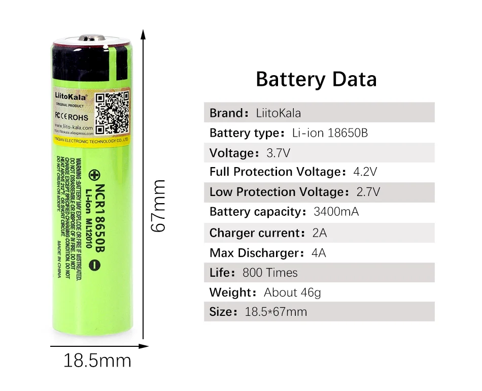 Liitokala Original NCR18650B 3.7V 3400mah 18650 rechargeable lithium battery Suitable flashlight battery (No PCB)
Liitokala Original NCR18650B 3.7V 3400mah 18650 rechargeable lithium battery Suitable flashlight battery (No PCB)