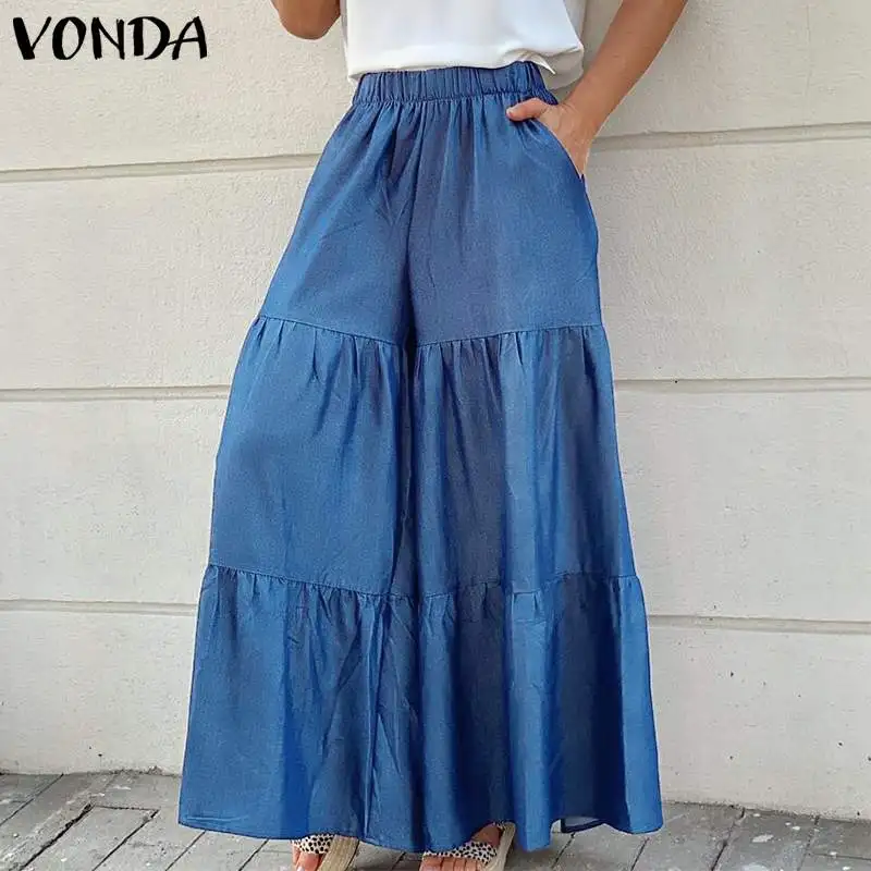 VONDA 2021 Women Wide Leg Long Pants Summer High Elastic Waist Pleated Pants With Pockets Femme Loose Elegant Summer's Trousers
VONDA 2021 Women Wide Leg Long Pants Summer High Elastic Waist Pleated Pants With Pockets Femme Loose Elegant Summer's Trousers
