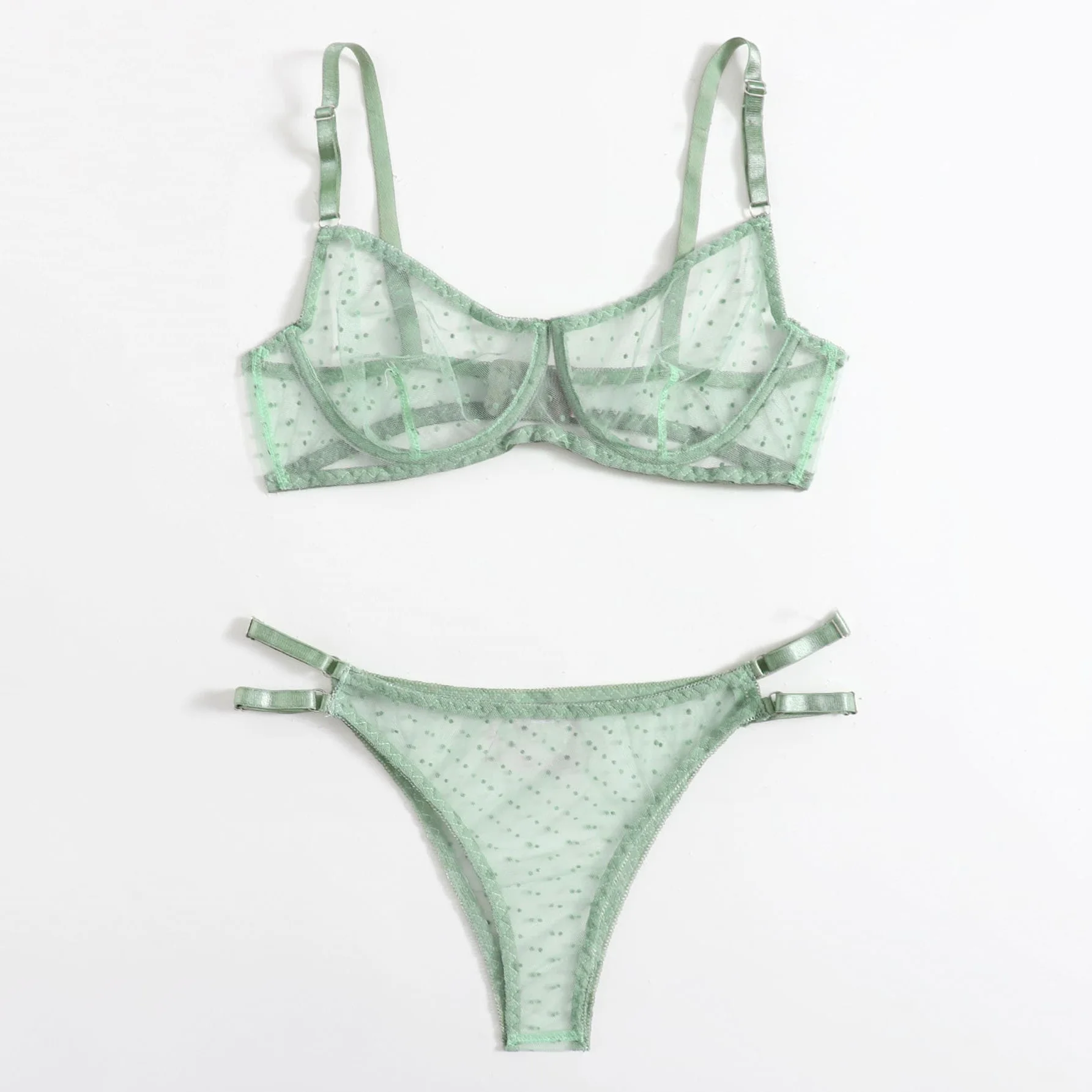 

Dot Mesh Lace Lingerie Set Underwire See Through Brassiere Sexy Underwear Bra and Panty Transparent Intimate