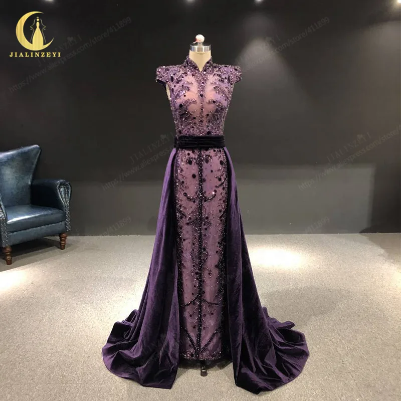 JIALINZEYI Rhine Purple High Neck Short Sleeves Beads Velevt Train Luxurious New Evening dress 2021
JIALINZEYI Rhine Purple High Neck Short Sleeves Beads Velevt Train Luxurious New Evening dress 2021