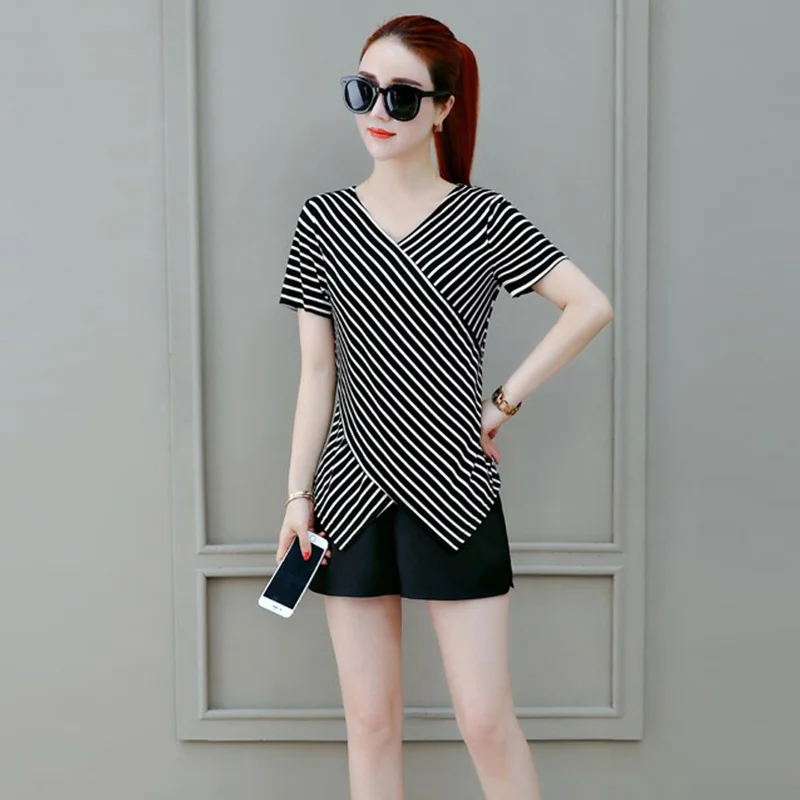 Women Short Sleeve T-shirt V-neck Striped Slim Fit Summer Tops Irregular Hem BMF88
Women Short Sleeve T-shirt V-neck Striped Slim Fit Summer Tops Irregular Hem BMF88