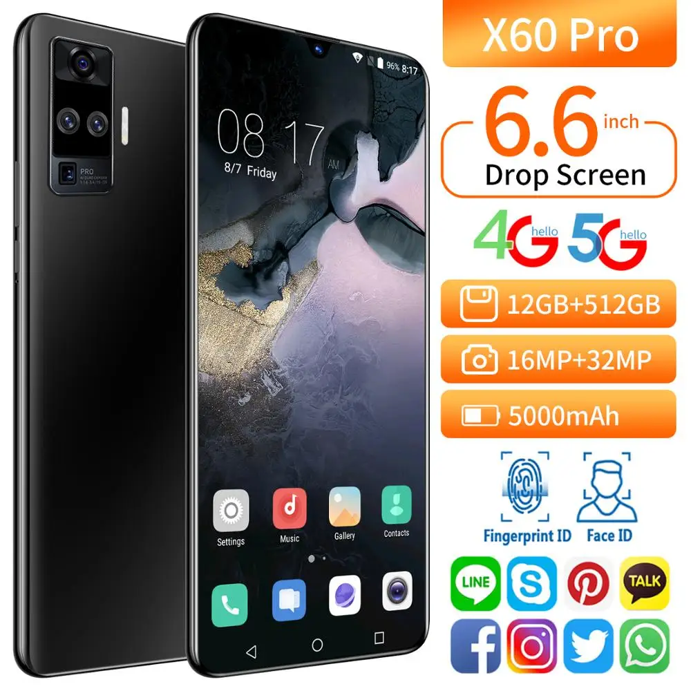 X60 Pro 12GB+512GB 6.6 Inch Water Drop Screen Cellphones Octa Core MT6875 Smart Phone 5000mAh Andriod 10 Global 5G Network Phone
X60 Pro 12GB+512GB 6.6 Inch Water Drop Screen Cellphones Octa Core MT6875 Smart Phone 5000mAh Andriod 10 Global 5G Network Phone