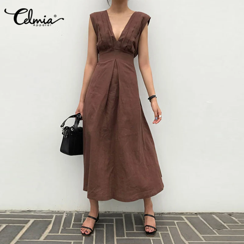 2021 Summer Casual Shirt Dress Celmia Women's Sexy V-Neck Pleated Sundress Fashion High Waist Sleeveless Long Vestido
2021 Summer Casual Shirt Dress Celmia Women's Sexy V-Neck Pleated Sundress Fashion High Waist Sleeveless Long Vestido