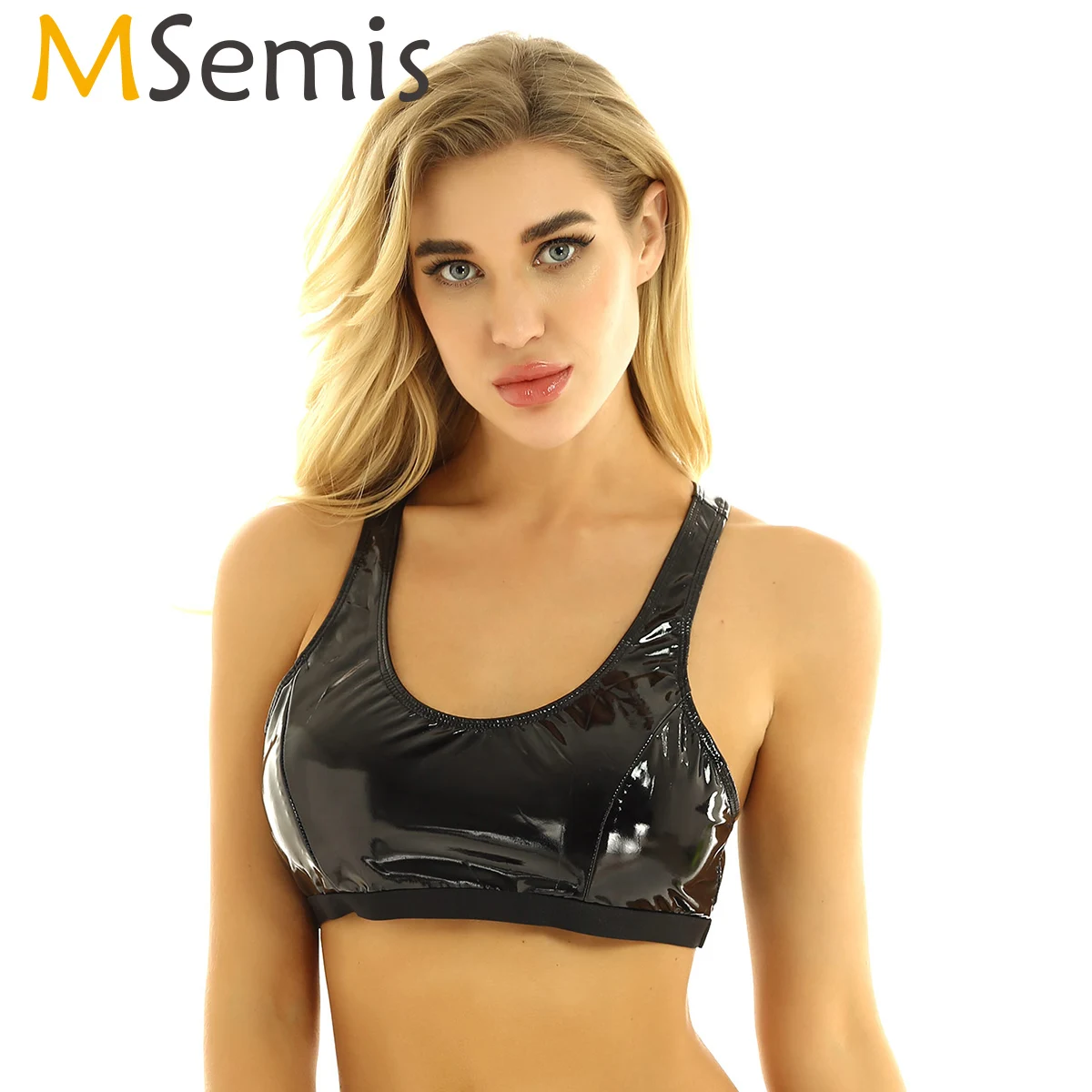 

MSemis Women's Shiny Latex Clubwear Wet look Patent Leather Tank Crop Tops Rave Festival Bustier Tops Disco Pole Dance Bra Vest