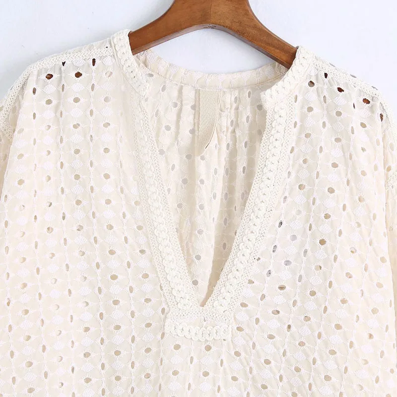 Women Summer Thin Casual Loose Shirts Blouses Tops Smock 2021 ZA Long Sleeve Embroidery V-Neck Female Elgant Street Top Blusas