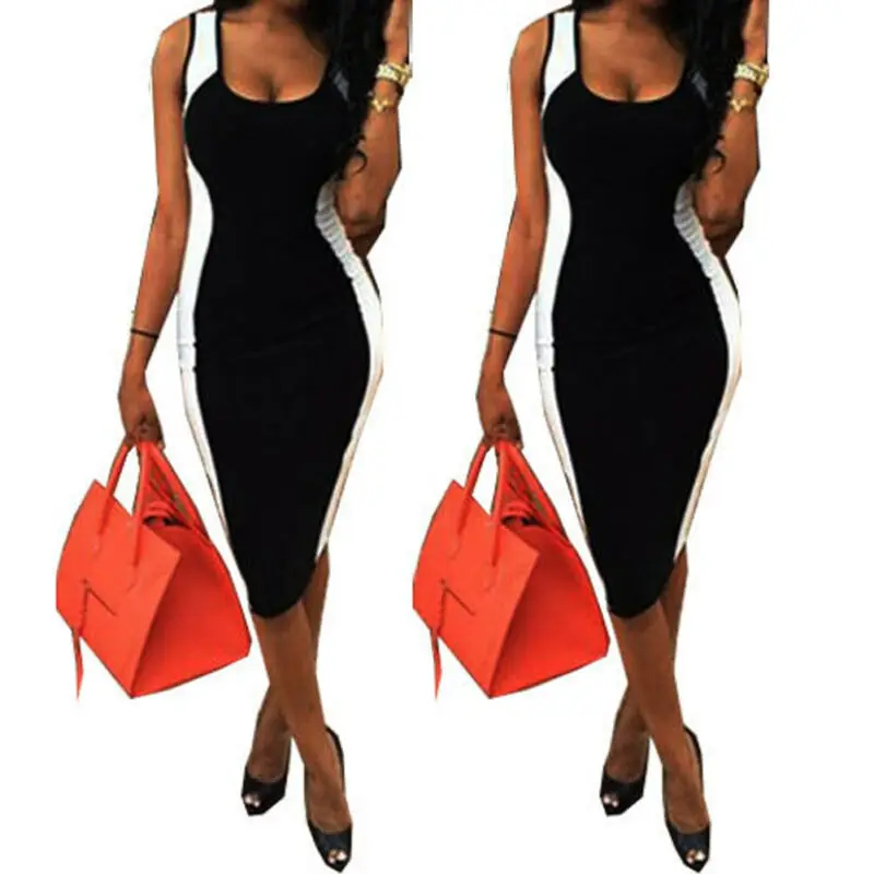 Summer Sexy Women Lady Black And White Patchwork Dress Ladies Bodycon Sleeveless O Neck Party Midi | Женская одежда
