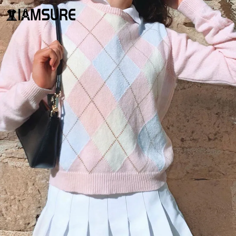 

IAMSURE Argyle Plaid Knitted Long Sleeve Pink Cute Pullover Sweater For Women Preppy Style Female Casual Loose 90s Sweater