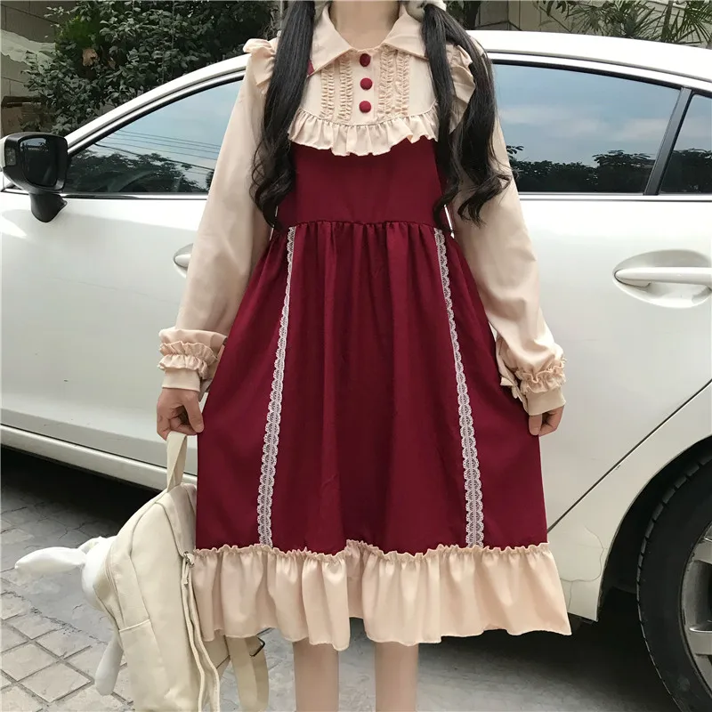 

Sweet Women's Lolita OP Dress Loose Dress Lace Bows Trim Cute Patchwork One Piece Fall Elegant Dress Color Blue Red
