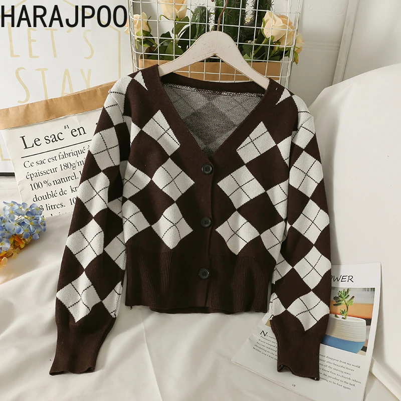 Cardigan Woman Harajpoo Plaid V Neck Single Breasted Autumn 2021 Color Matching Long Sleeve Harajuku Cropped Knit Black Sweater
Cardigan Woman Harajpoo Plaid V Neck Single Breasted Autumn 2021 Color Matching Long Sleeve Harajuku Cropped Knit Black Sweater