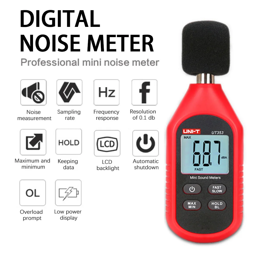 UNI-T UT353 Digital Sound Level Meter Noisemeter ±1.5dB 30-130dB Decibel Tester Noise Audio Detector Volume Measuring Instrument
UNI-T UT353 Digital Sound Level Meter Noisemeter ±1.5dB 30-130dB Decibel Tester Noise Audio Detector Volume Measuring Instrument
