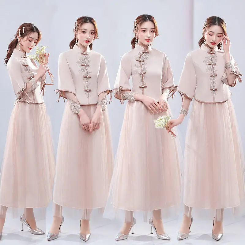 

Women Chinese Bridesmaid Dress Long Tang Suit Pink Evening Dresses Chinese Traditional Wedding Banquet Vintage Elegant Birthday