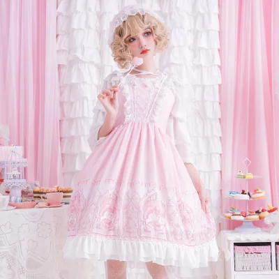 

JSK Gothic Lolita Maid Court Dress Pink Sweet Cute Equisite Lace Dress Lolita Cos Dress Boat-neck Chiffon Shirt Petticoat Bubble