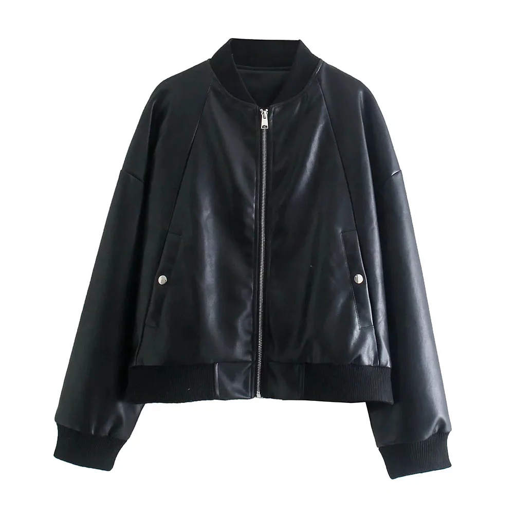

XEASY New 2021 Women PU Fashion Vintage Black Cool Leather Jacket Female OverSize Casual Streetwear Long Sleeve Zipper Top