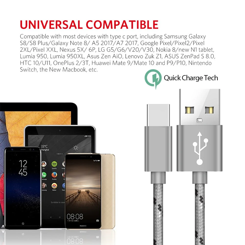 1 м 2 3 металлический usb-кабель с разъемом типа C для быстрой зарядки Honor 20 10 9 Xiao mi CC9